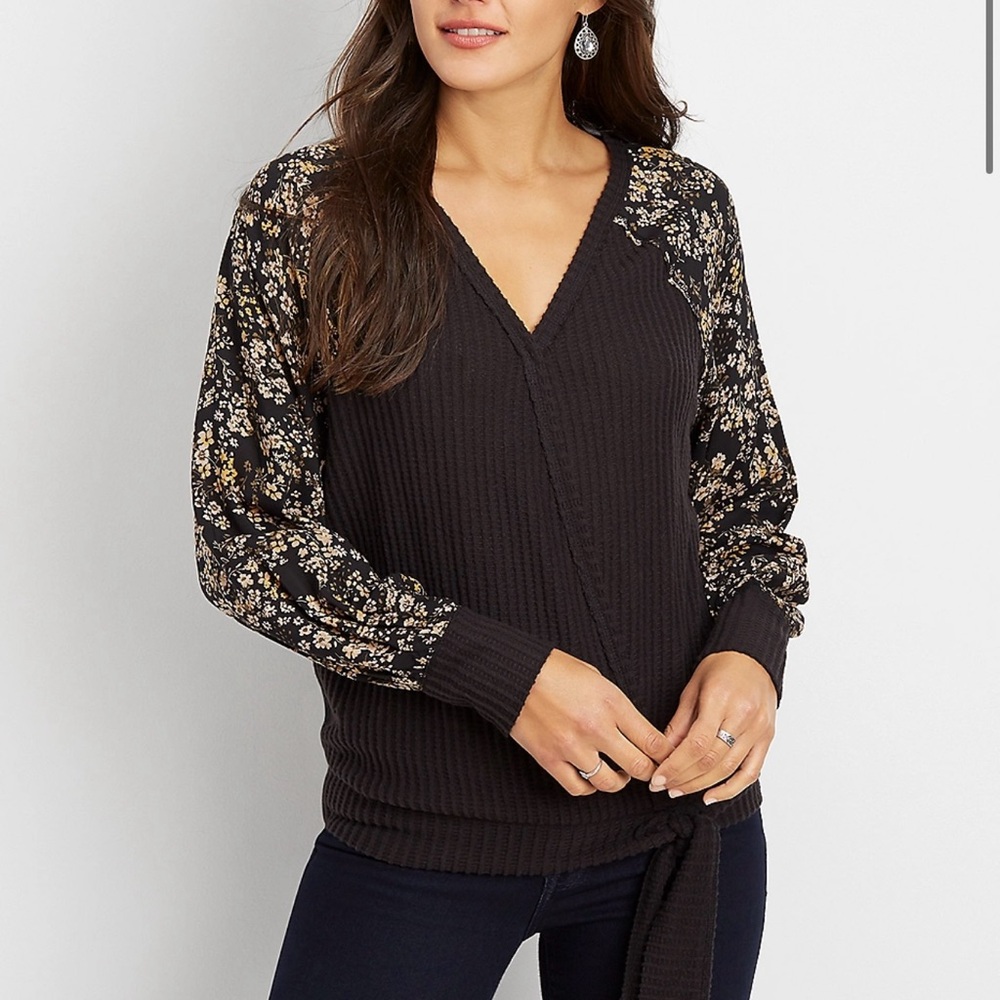 Maurices Black Floral Wrap Tie Top